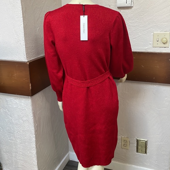 Calvin Klein-Metallic Knit Belted Long Sleeve Dress - Picture 4 of 5